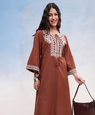 Vishudh Women Embroidered A-line Kurta(Brown)