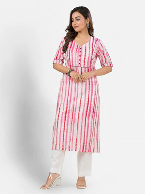 Crazy Needle Women Printed A-line Kurta(Pink, White)