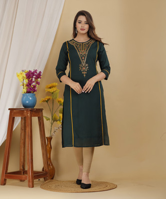 Mehsoos Women Embroidered A-line Kurta(Dark Green)
