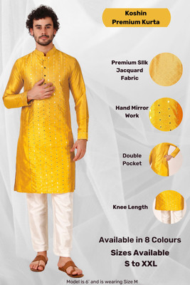 Koshin Men Embroidered Straight Kurta(Yellow)