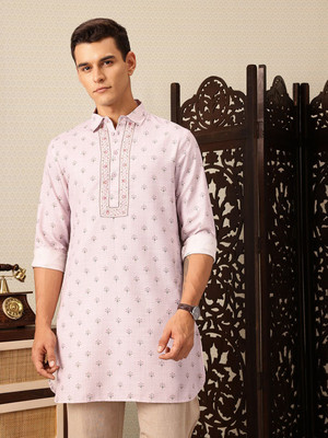 House of Pataudi Men Printed Straight Kurta(Pink)