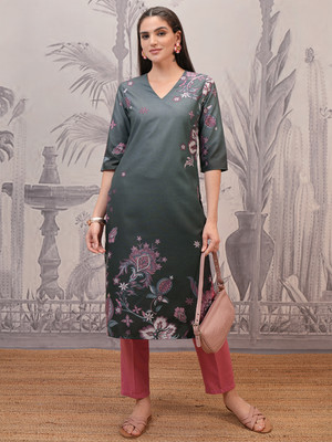 Vishudh Women Printed Straight Kurta(Green)