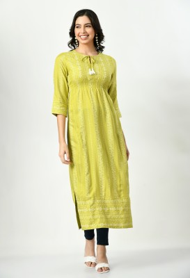 Blushia Women Printed Straight Kurta(Green)