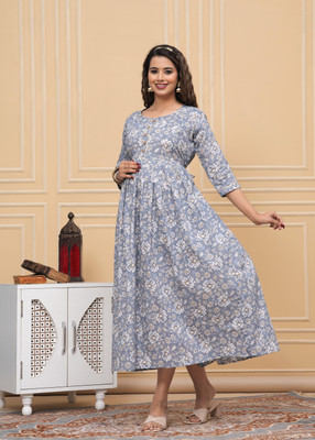 Femary Women Printed Anarkali Kurta(Grey)
