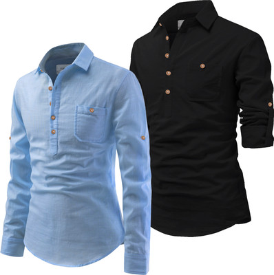 Univibe Men Solid Pathani Kurta(Light Blue, Black)