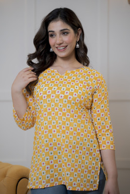 Bunkarrr Women Floral Print, Printed Tunic Kurta(Yellow)