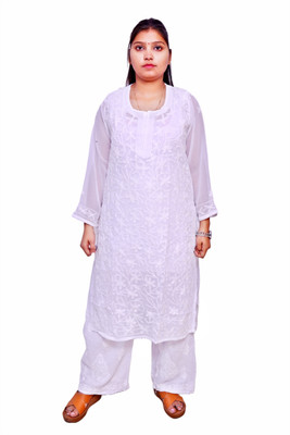 Ah creation Women Chikan Embroidery Ethnic Dress Kurta(White)