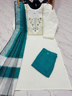 FFClothings Women Striped, Embroidered A-line Kurta(Green)