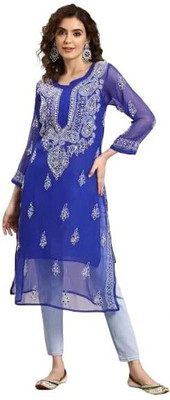 The Sufistore Women Chikan Embroidery A-line Kurta(Dark Blue)