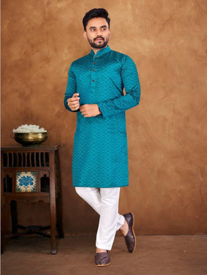 MD Retail Men Self Design Straight Kurta(Light Blue)