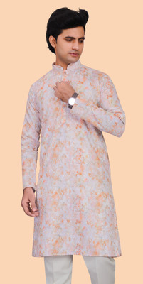 U S ENTERPRISE Men Printed A-line Kurta(Grey, Orange)