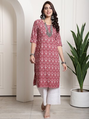 EthnicBasket Women Printed Straight Kurta(Maroon, White, Black)