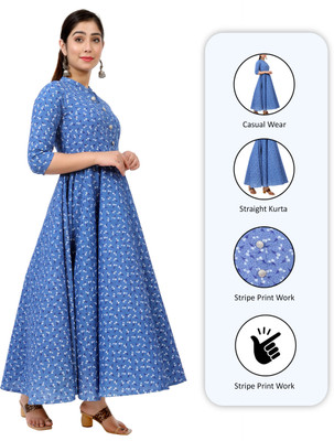 Glowworld Women Printed Flared Kurta(Blue)