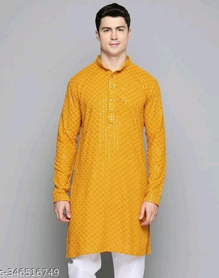 SHWENILA Men Embroidered Straight Kurta(Yellow)