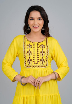 SAJANHUB Women Embroidered A-line Kurta(Yellow)