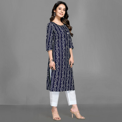 RUDRA ONLINE Women Printed Straight Kurta(Blue)