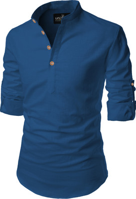 HouseOfCommon Men Solid Straight Kurta(Blue)