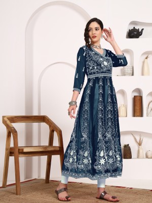 Youthnic Women Chikan Embroidery Anarkali Kurta(Blue)