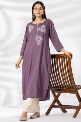 mustard Women Embroidered Straight Kurta(Purple)