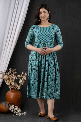 HYTEN Women Printed Flared Kurta(Blue)