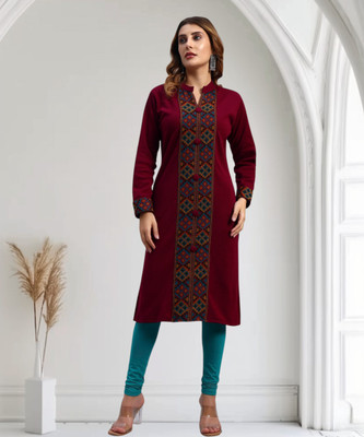 HEMLOCK Women Printed Straight Kurta(Maroon)