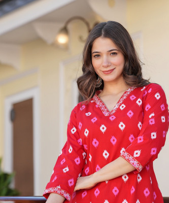 KJFAB Women Printed Straight Kurta(Red)