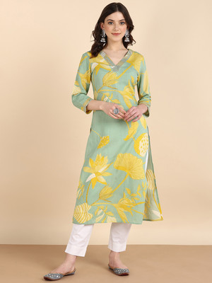 PinkTribe Women Embroidered Straight Kurta(Green, Yellow, White)