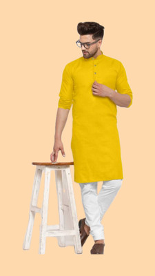 HouseOfCommon Men Solid A-line Kurta(Yellow)