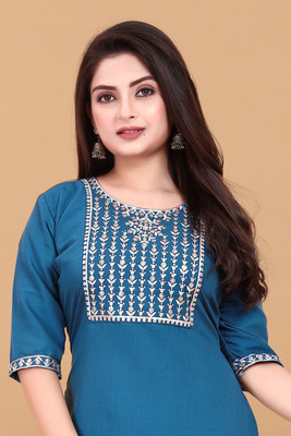 RIDDHI COLLECTION MALL Women Embroidered A-line Kurta(Blue)