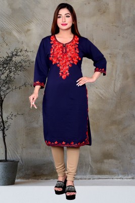 FamBee Women Embroidered Straight Kurta(Dark Blue)