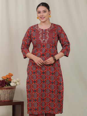 Aramya Women Geometric Print Straight Kurta(Red)