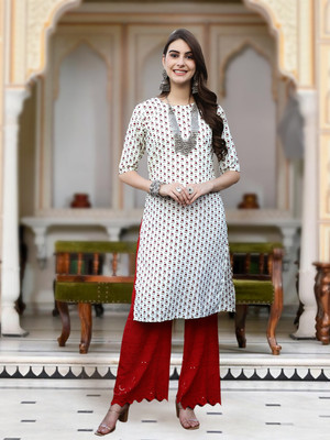 HERE&NOW Women Printed A-line Kurta(White)