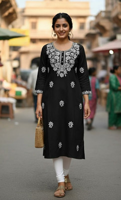 sofiacollection Women Embroidered Straight Kurta(Black)