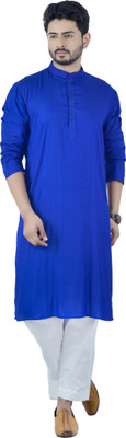 DRESSED UP DIVAS Men Solid Straight Kurta(Dark Blue)