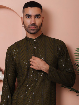 Jompers Men Embroidered Straight Kurta(Green)