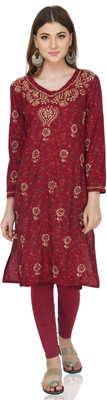 VAHSON Women Printed, Chikan Embroidery, Embroidered Straight Kurta(Multicolor, Maroon)