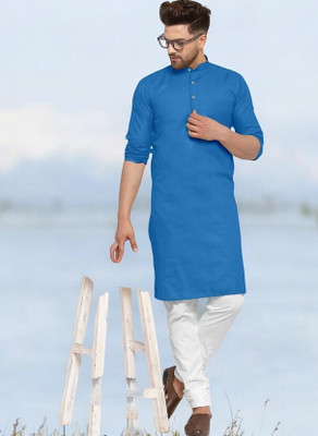 HouseOfCommon Men Solid Straight Kurta(Blue)