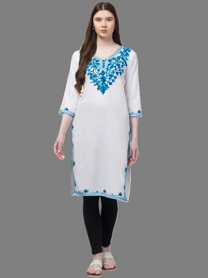 Aura Glam Women Embroidered A-line Kurta(White, Blue)