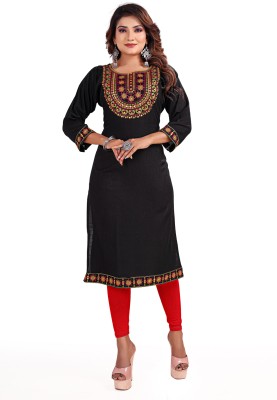 YDJ Women Embroidered A-line Kurta(Black)