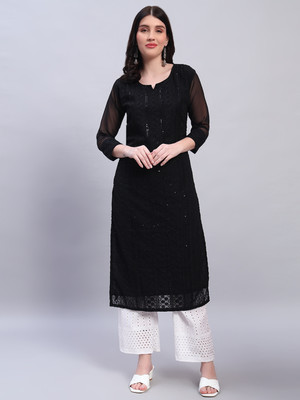 Umoly Women Chikan Embroidery A-line Kurta(Black)