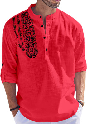 FOLGEN Men Printed Straight Kurta(Red)