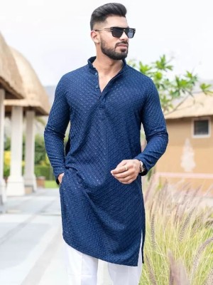 CRYTSAL REVENUE Men Embroidered Straight Kurta(Dark Blue)