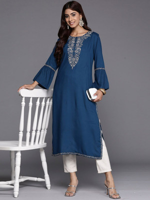 ANOUK Women Embroidered Straight Kurta(Dark Blue)