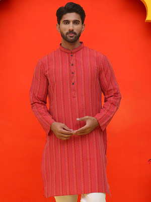 Anouk Rustic Men Striped Straight Kurta(Maroon)