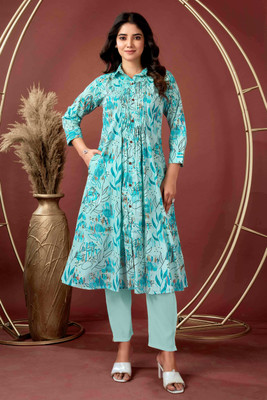 Peachmode Women Printed A-line Kurta(Blue)