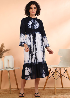 maaesa Women Fit and Flare Dark Blue Midi/Calf Length Dress