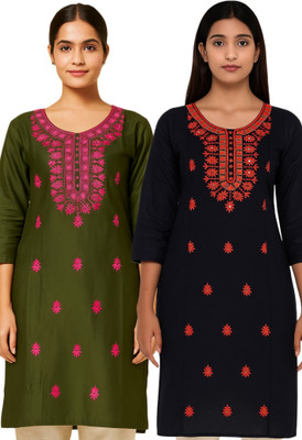 Badry Fashion Women Embroidered Straight Kurta(Green, Black)