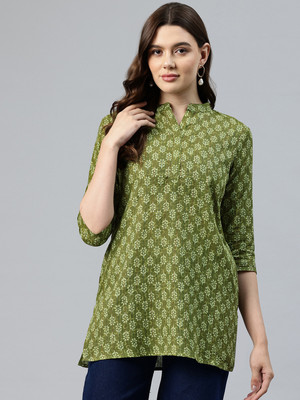 One Femme Women Floral Print Straight Kurta(Green)