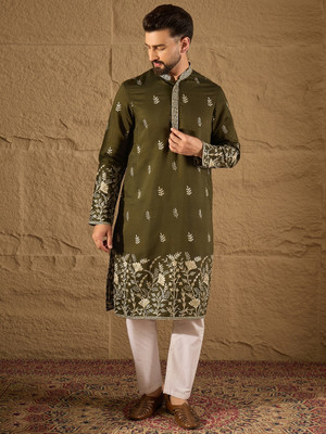 House of Pataudi Men Embroidered Straight Kurta(Light Green)