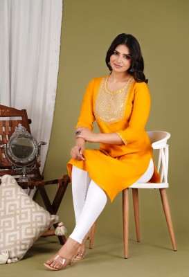 ZODO Women Embroidered A-line Kurta(Yellow)